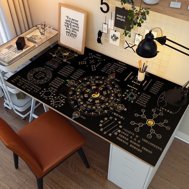 Feng Shui Desk Pad with Meridian Clock Chart – Premium Leather 5 Elements Study Mat, Home Office Decor