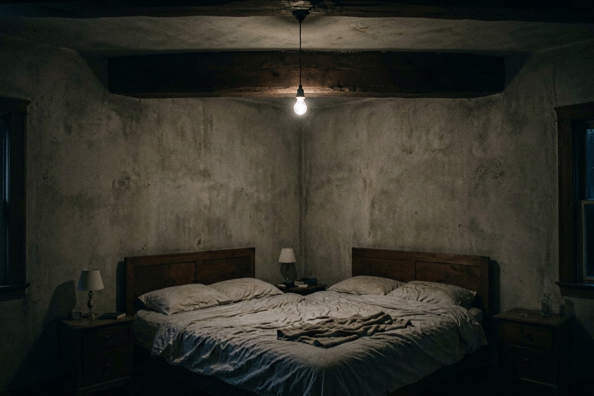 A dark structural beam crossing the ceiling directly above a bed in an old room (AI-generated illustration)
