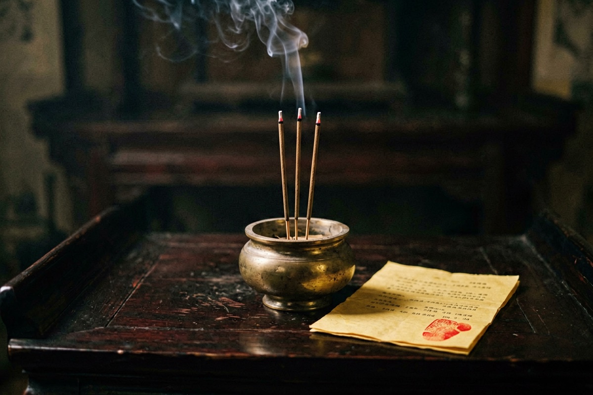 Three sticks of incense and a yellow paper petition on a dark altar table (AI-generated illustration)