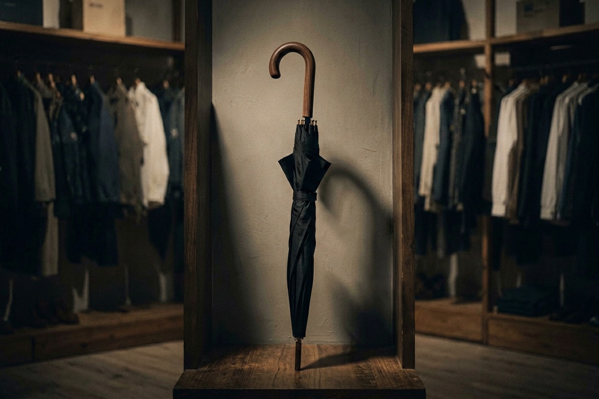 A black wooden-handled umbrella standing alone in a shop umbrella stand (AI-generated illustration)