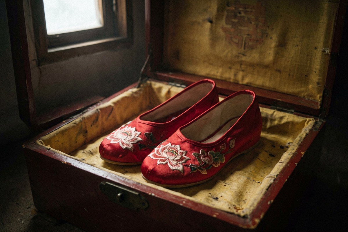 A pair of red silk embroidered shoes in an open lacquer chest (AI-generated illustration)