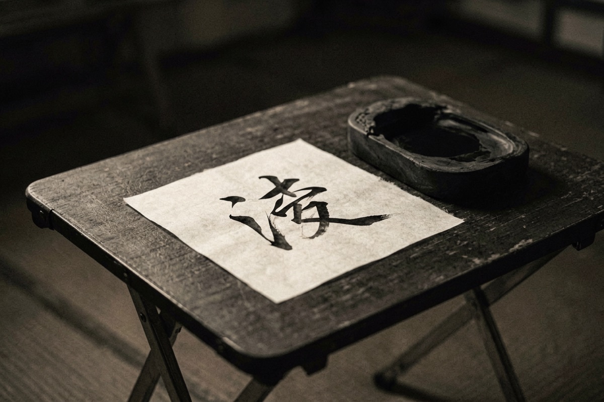 A brush-written character on a small square of paper beside an inkstone on a folding table (AI-generated illustration)