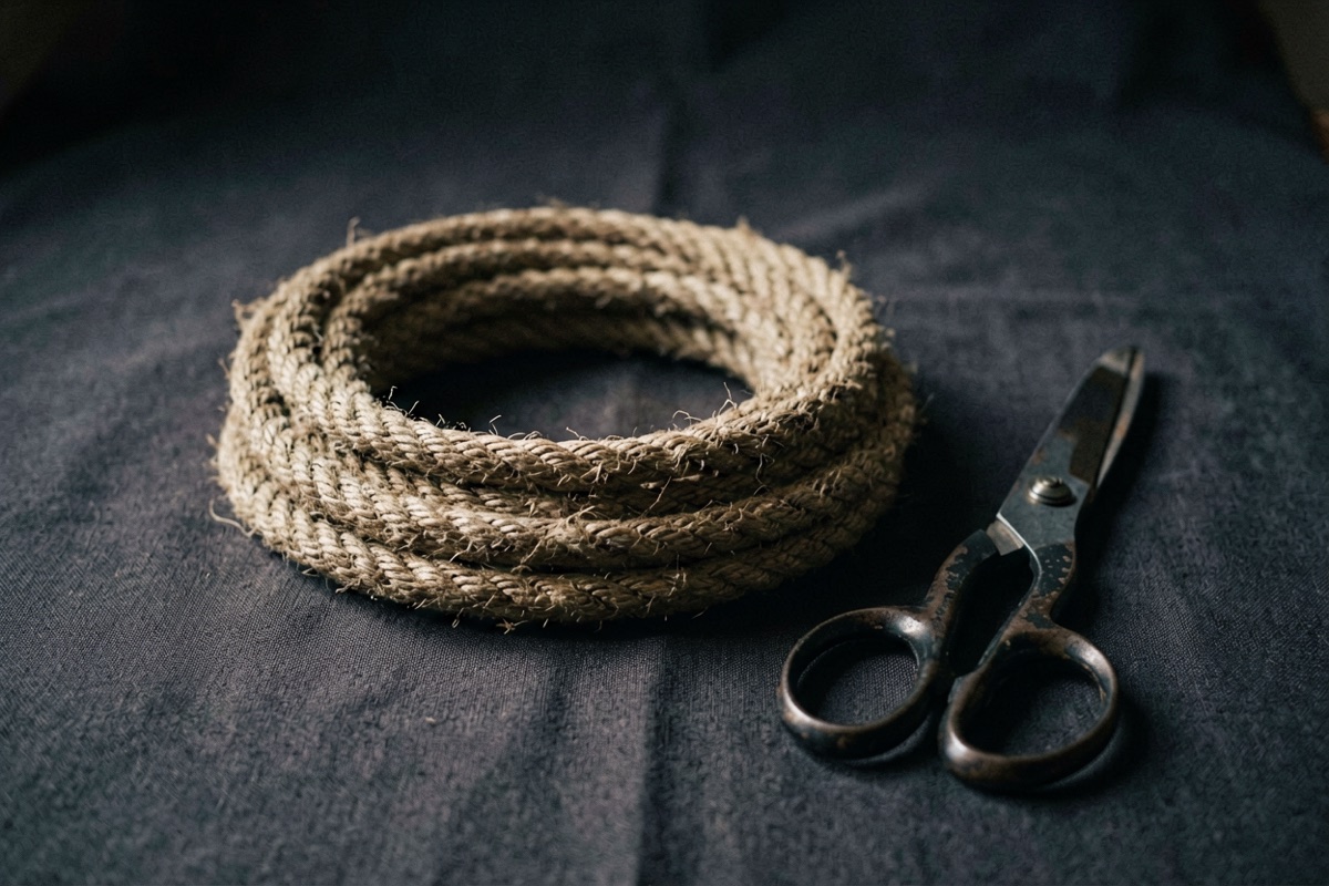 A length of three-strand hemp cord coiled on dark cloth beside a pair of scissors (AI-generated illustration)