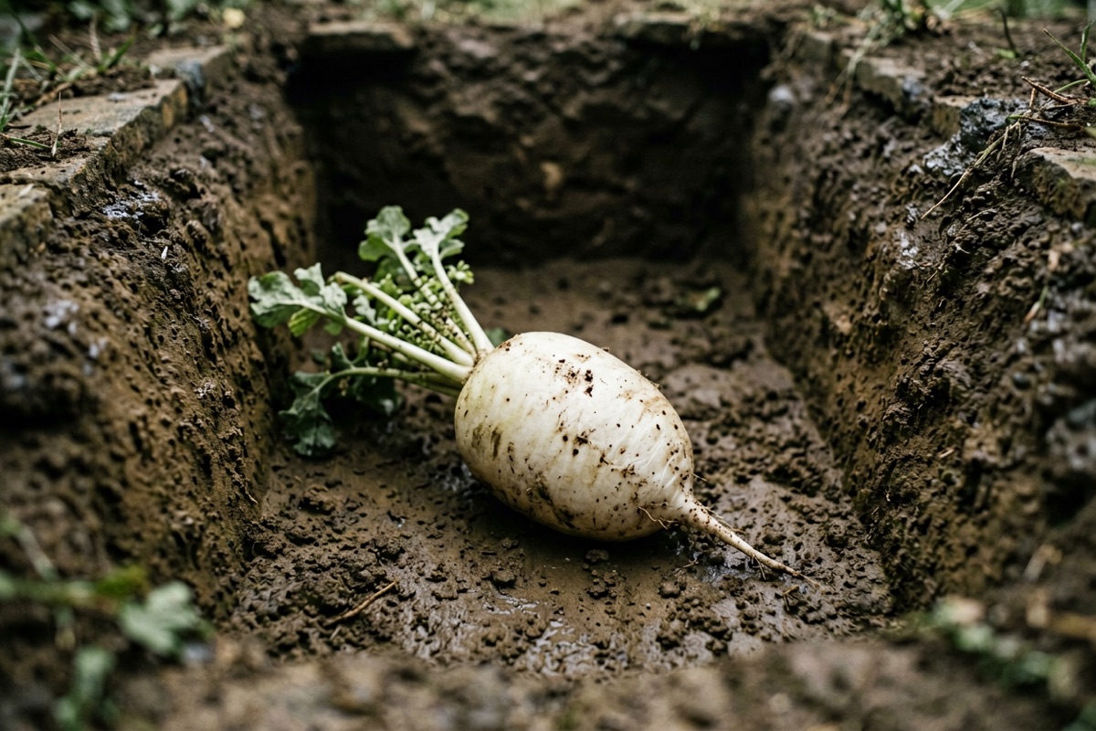 A white radish lying in the bottom of an emptied grave pit in wet earth (AI-generated illustration)