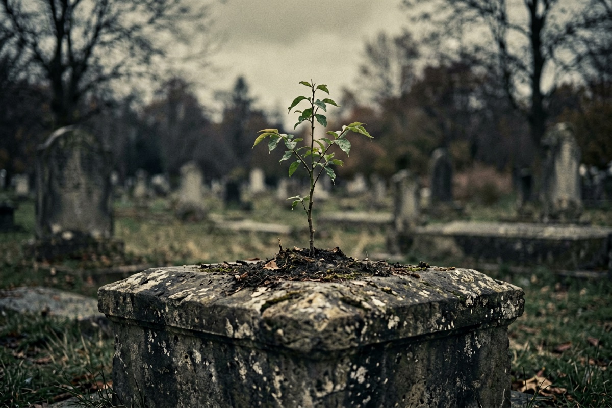 A small sapling growing from the top of an old grave mound, overcast light (AI-generated illustration)