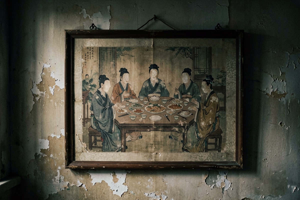 An old framed painting of a banquet table on a peeling plaster wall (AI-generated illustration)