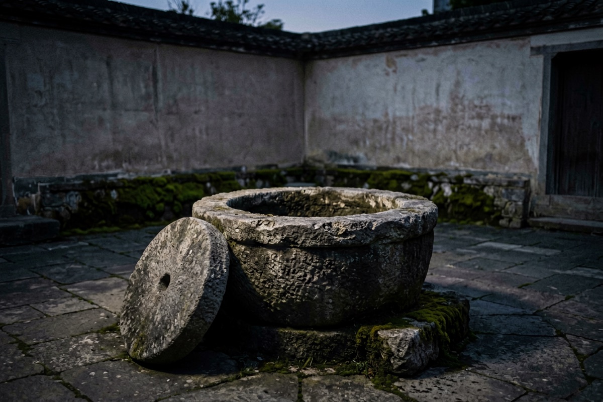 A stone well head with a worn rim in an empty courtyard at dusk (AI-generated illustration)