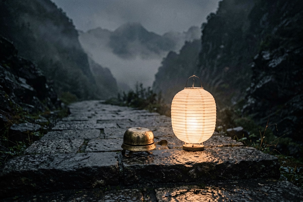 A handbell and a lantern on a mountain road at night, mist between the ridges (AI-generated illustration)