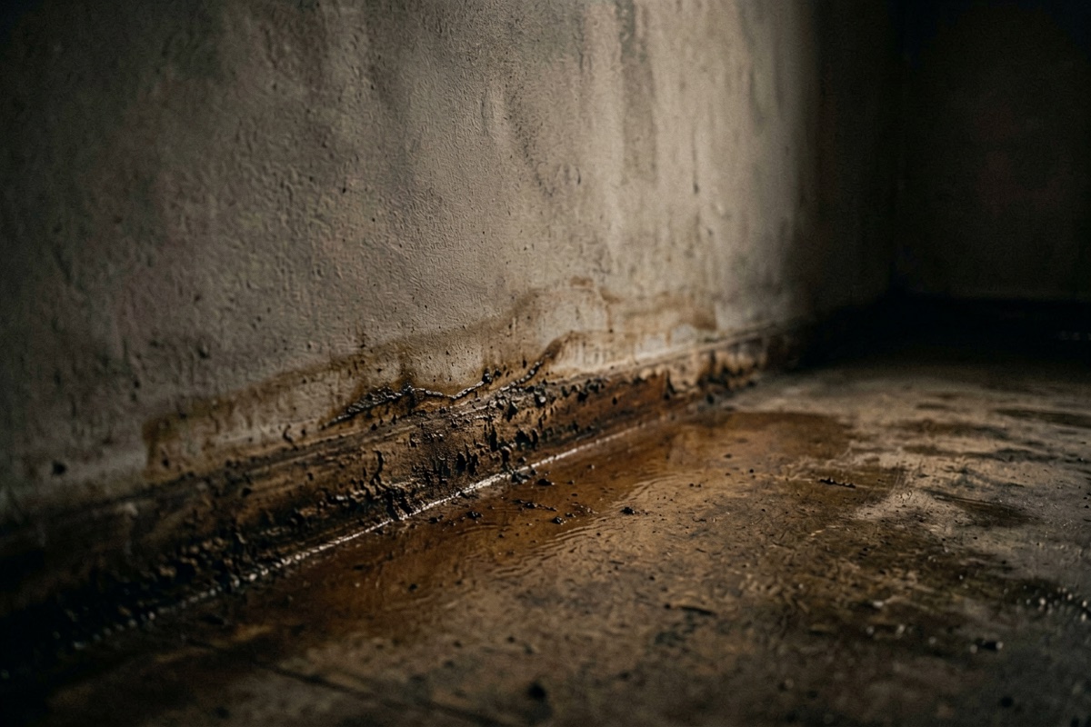 A brown tide line of damp running level along the base of an interior wall (AI-generated illustration)