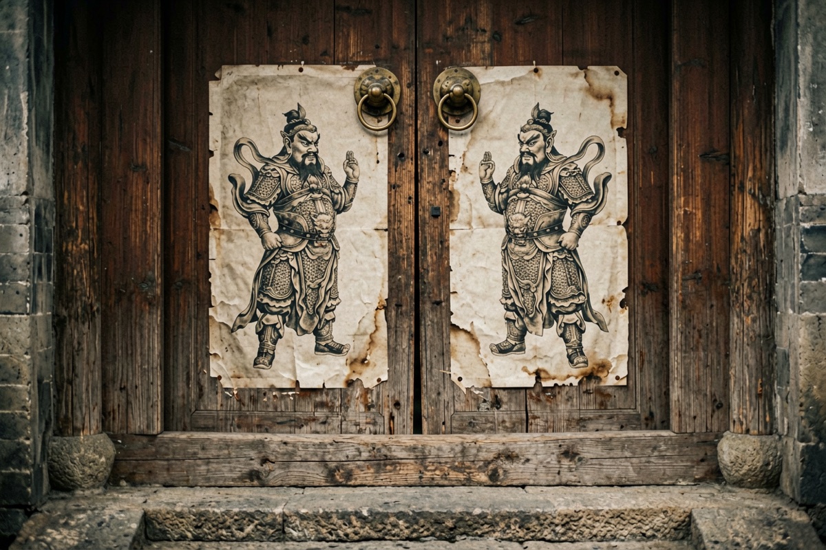 A pair of weathered door god prints on old wooden double doors with brass ring handles (AI-generated illustration)