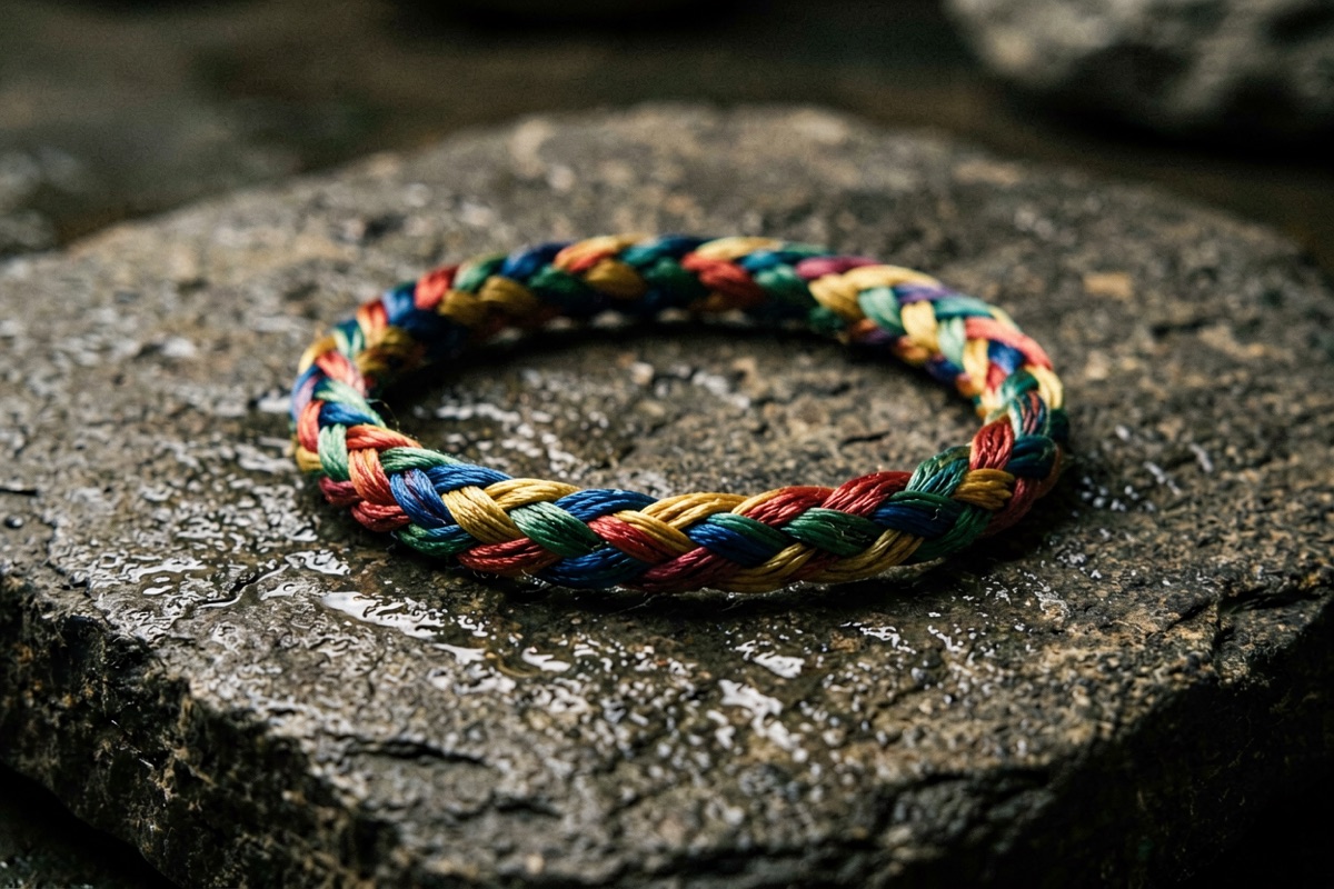 A braided cord of five coloured silk strands lying on wet stone (AI-generated illustration)