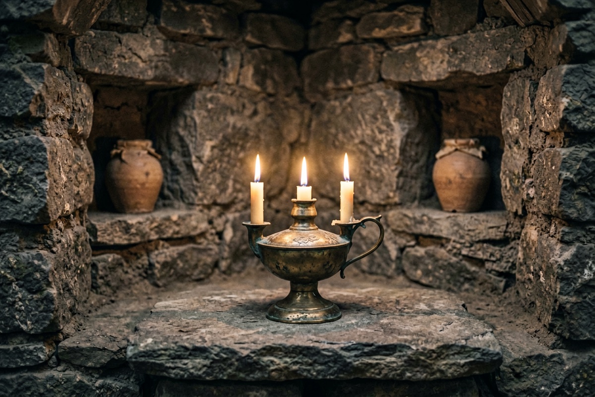 A bronze oil lamp with three wicks burning in a small stone shrine (AI-generated illustration)
