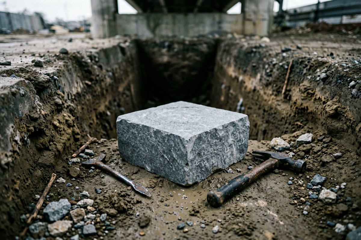 A carved stone block beside an open trench at the foot of an old stone bridge (AI-generated illustration)
