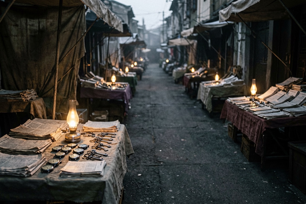 Cloth-covered stalls lit by small oil lamps along a dark pre-dawn lane (AI-generated illustration)