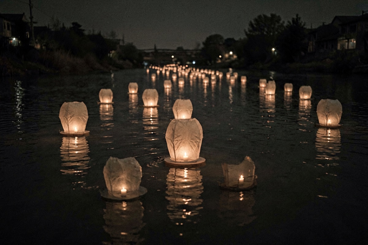 Paper river lanterns drifting on flat dark water at night (AI-generated illustration)