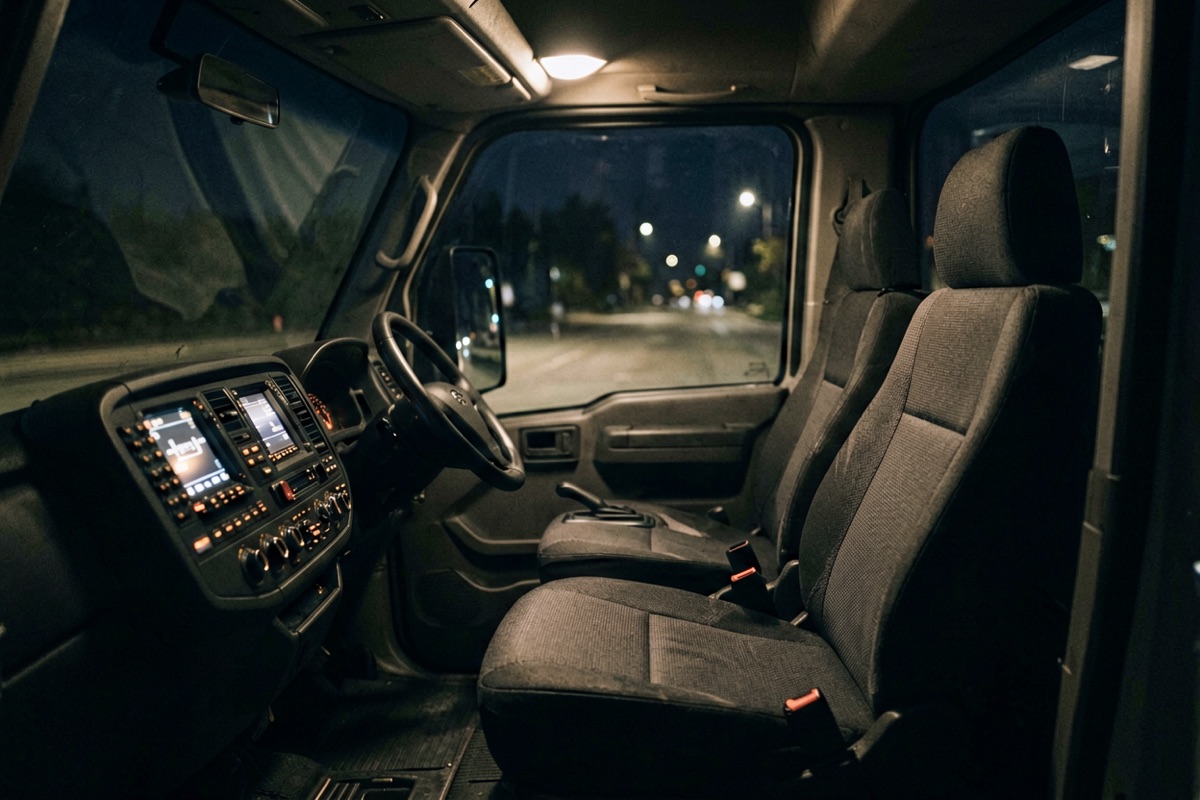 An empty passenger seat in a truck cab at night, dashboard lights on (AI-generated illustration)