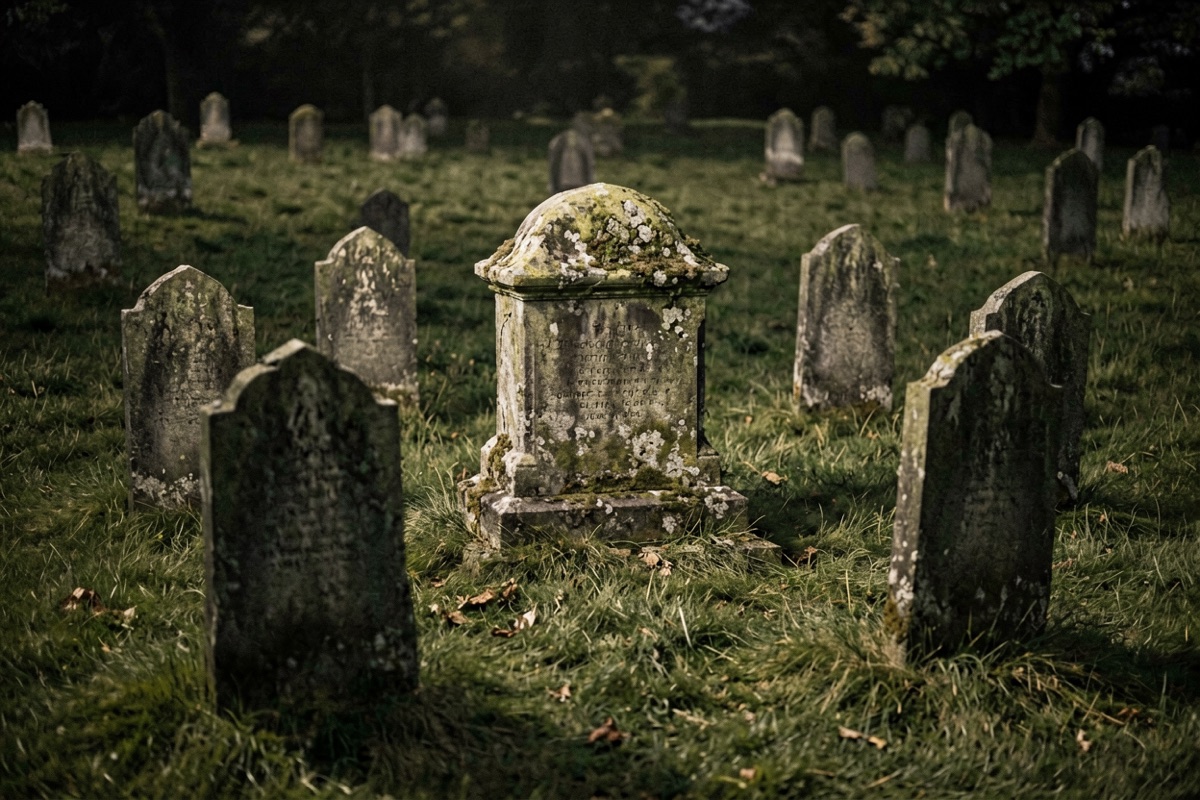 Low stone markers set around the perimeter of an old grave mound in long grass (AI-generated illustration)