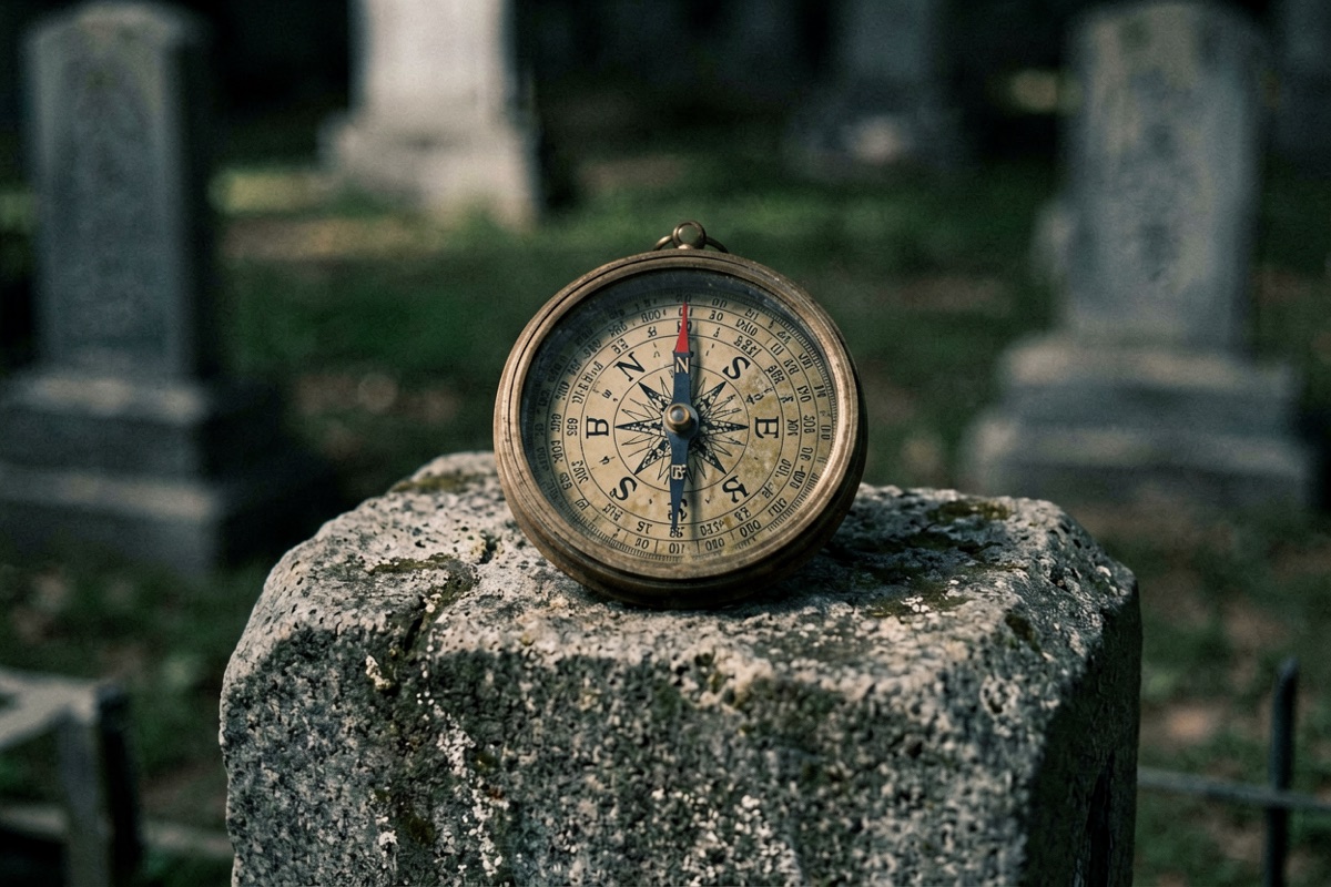 A Chinese geomantic compass resting on the top of a weathered headstone (AI-generated illustration)