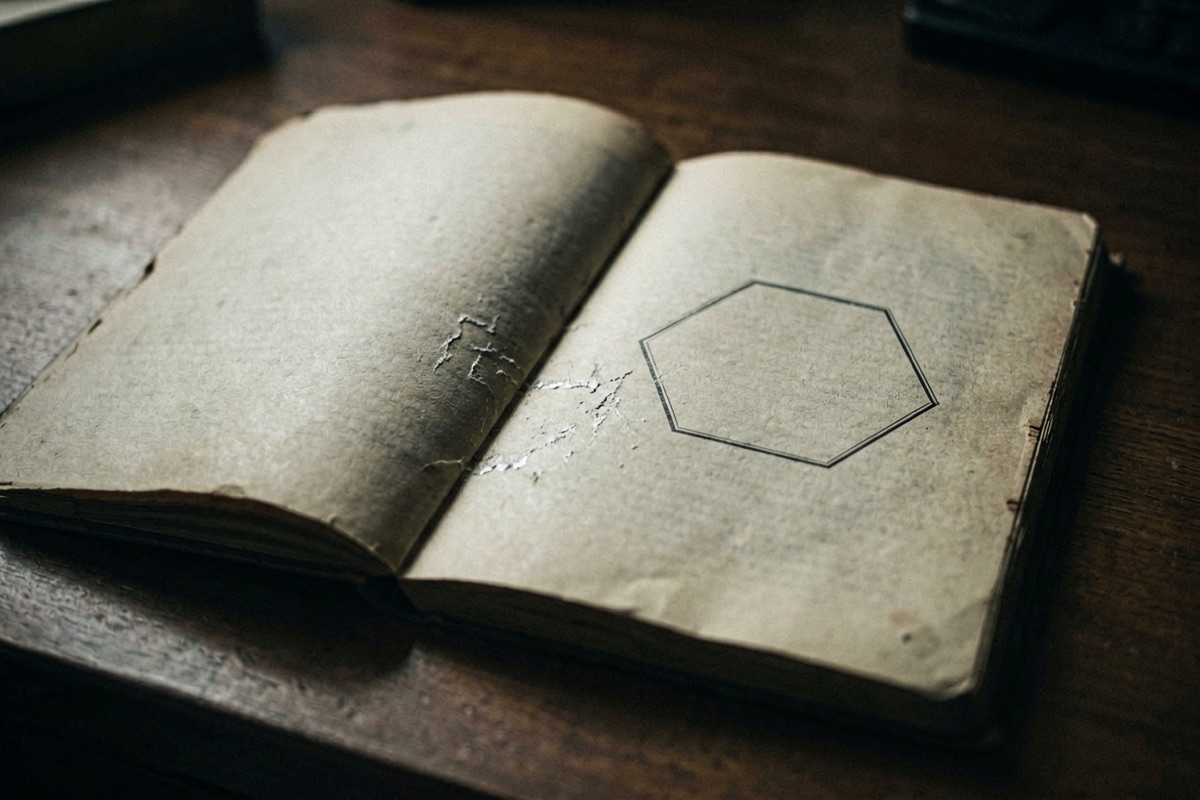 A worn hexagram manual open on a desk, one entry scraped blank (AI-generated illustration)