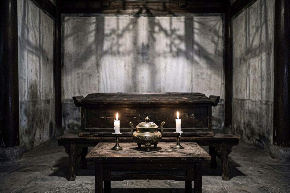 Two white candles and a censer before a dark coffin, shadows thrown high on the wall (AI-generated illustration)
