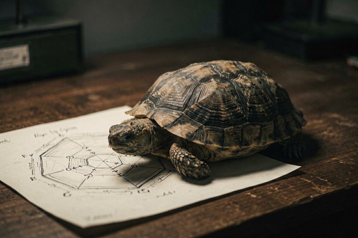 An old tortoise shell resting on a desk beside a hand-drawn hexagram chart (AI-generated illustration)