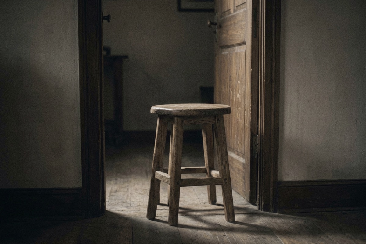 A plain wooden stool standing alone beside an open doorway (AI-generated illustration)