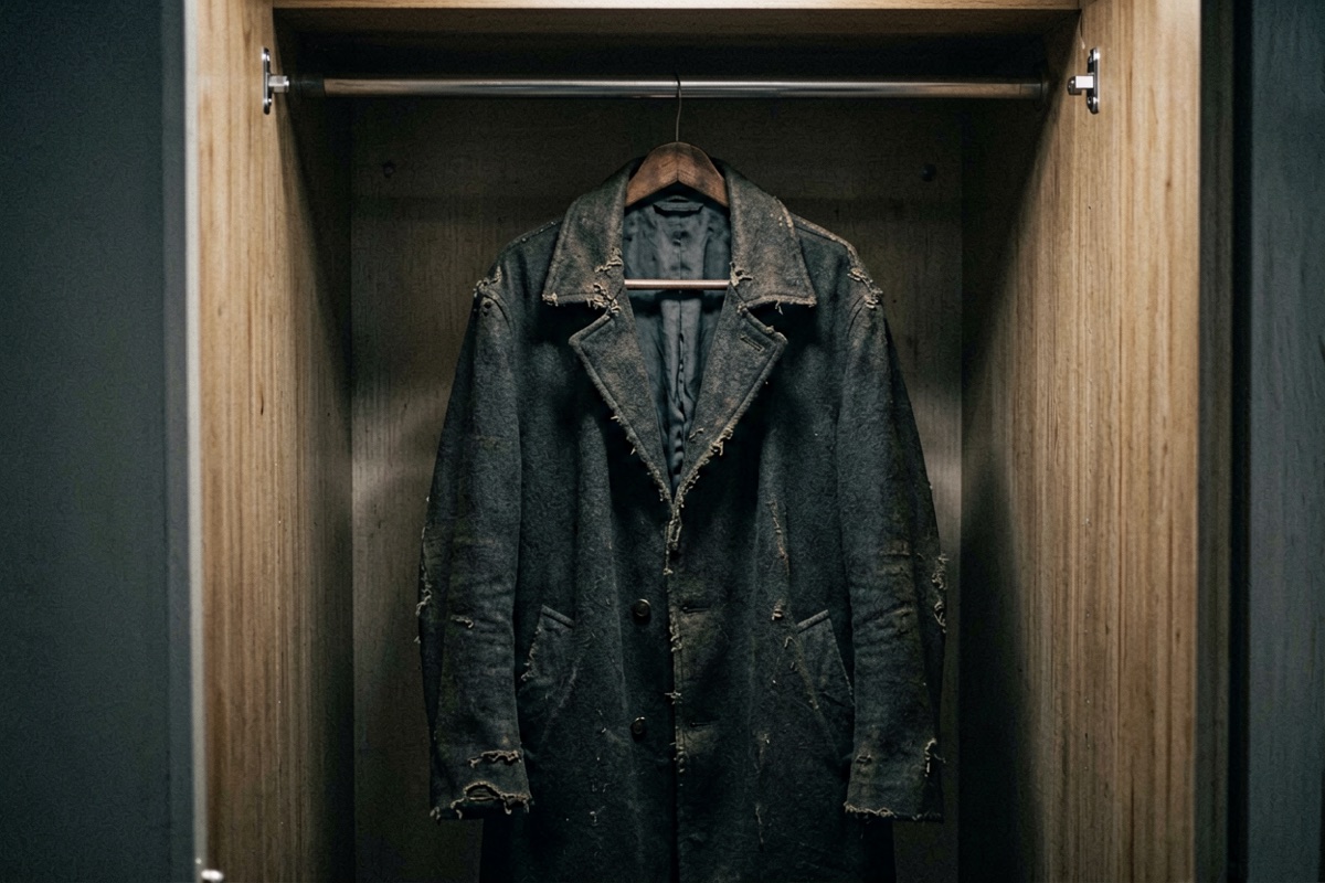A worn dark coat hanging alone in an open wardrobe (AI-generated illustration)