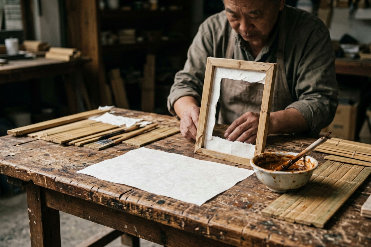 Split bamboo frames and white paper on a craftsman's worn workbench (AI-generated illustration)