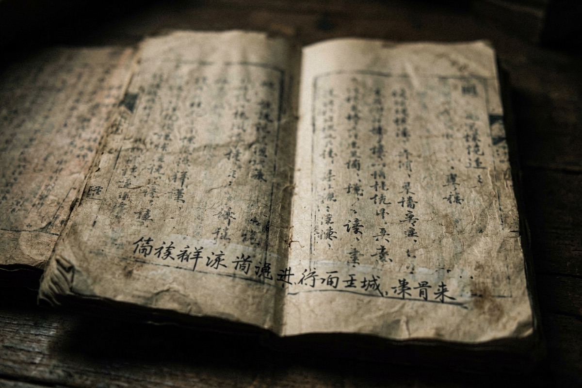 An open Chinese almanac page with a line of small handwriting added below the print (AI-generated illustration)