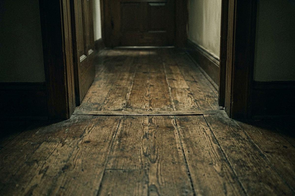 A worn strip in old floorboard varnish running from one doorway straight to another (AI-generated illustration)