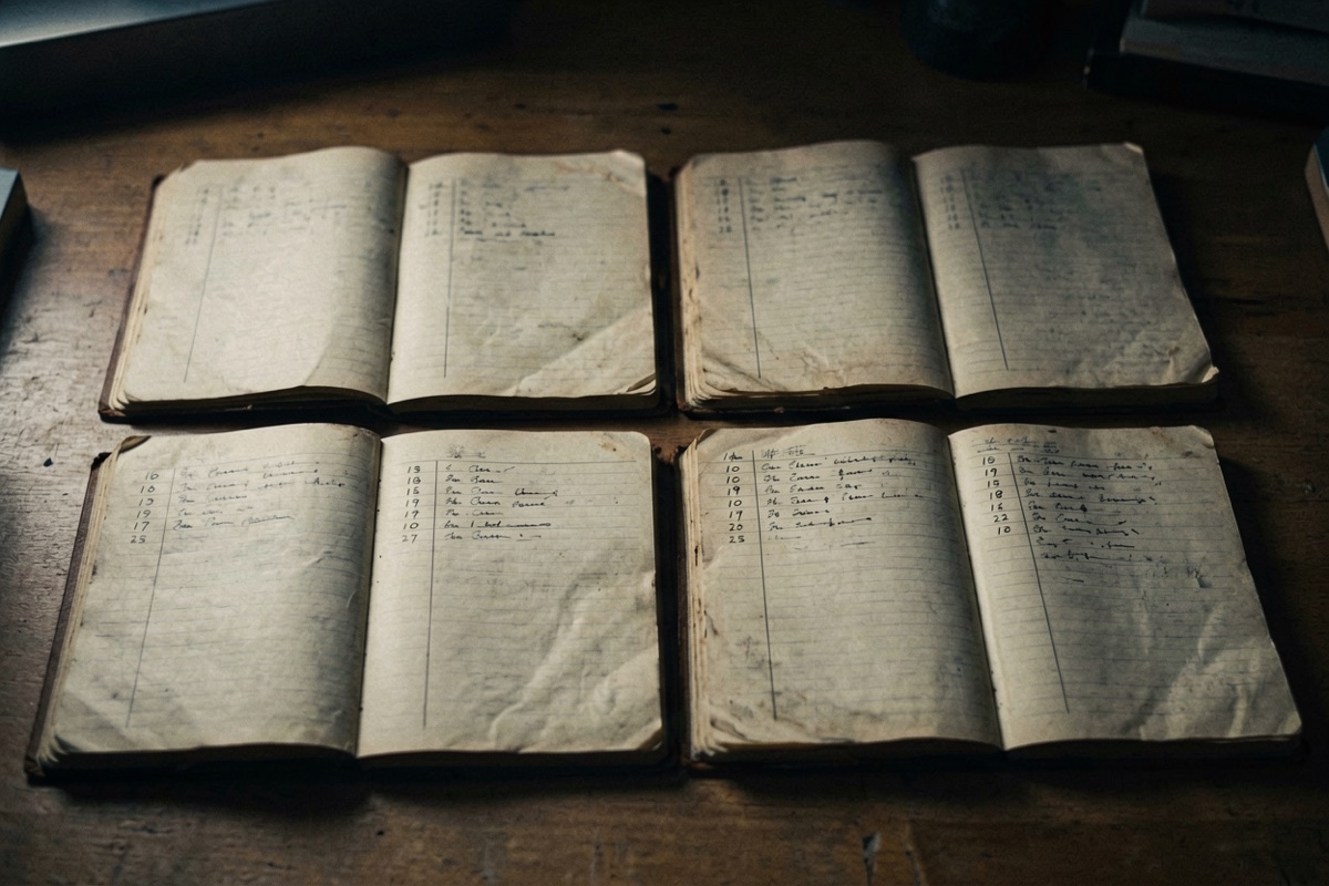 Four worn notebooks open on a desk, columns of dates and short entries (AI-generated illustration)