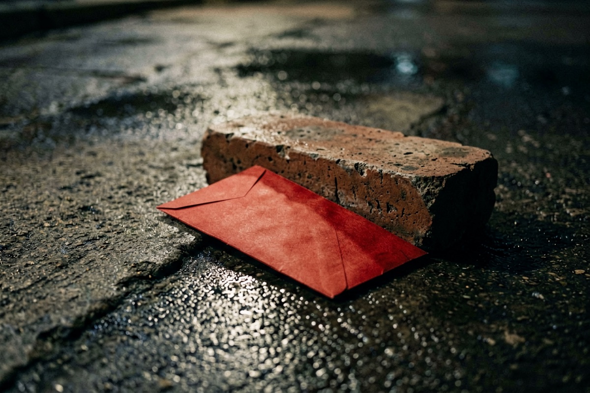 A red envelope lying on wet pavement, weighted with half a brick (AI-generated illustration)