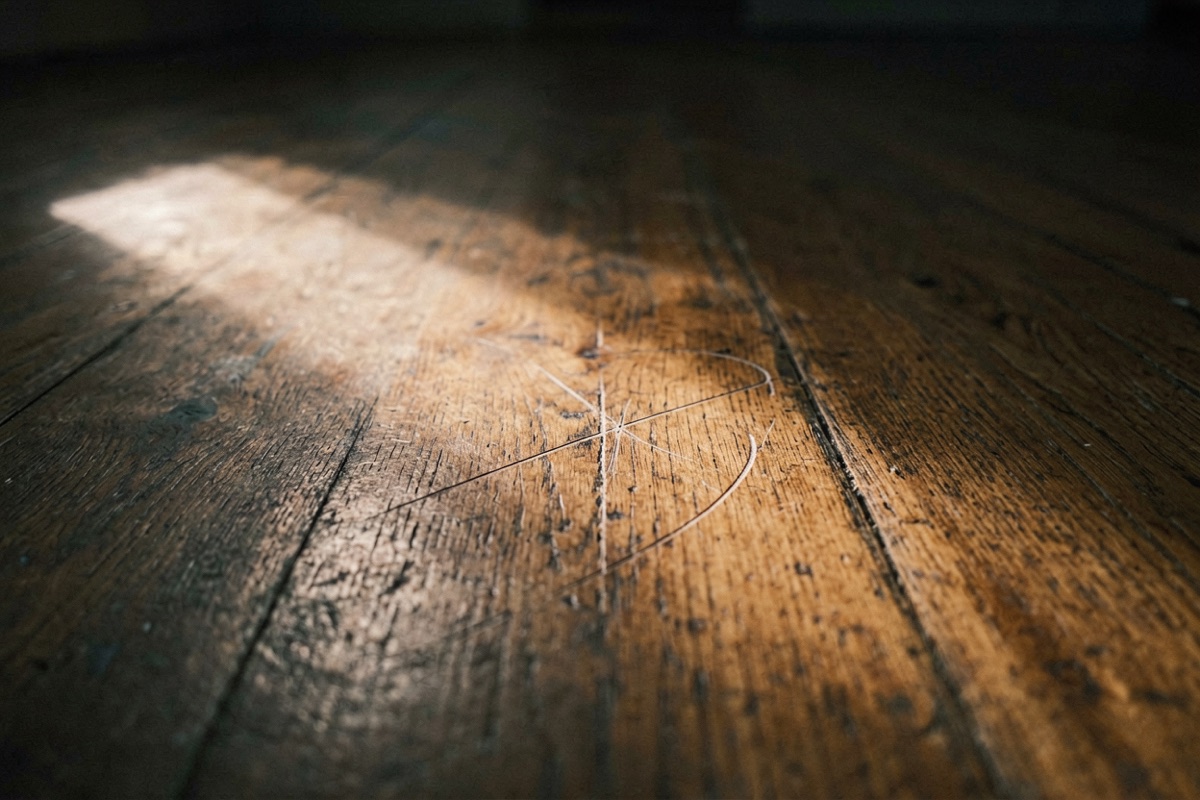 A faint arc scratched into a varnished wooden floor, raking light (AI-generated illustration)