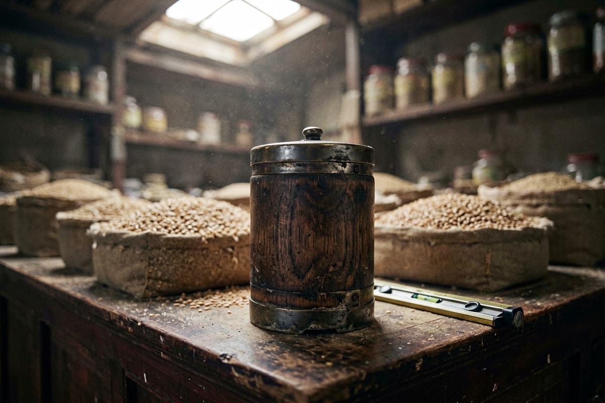 A dark wooden grain measure with an iron-bound rim on a worn shop counter (AI-generated illustration)