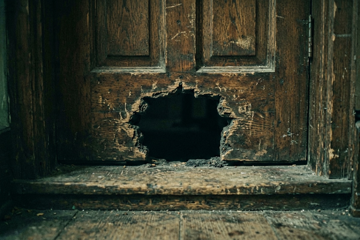 A worn hollow in the middle of an old wooden door threshold (AI-generated illustration)