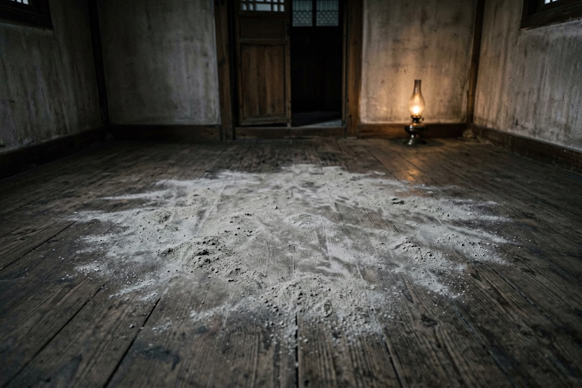 A thin layer of ash spread across a dark wooden floor by lamplight (AI-generated illustration)
