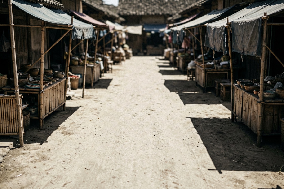 Hard noon light on packed earth, market stalls casting short black shadows (AI-generated illustration)