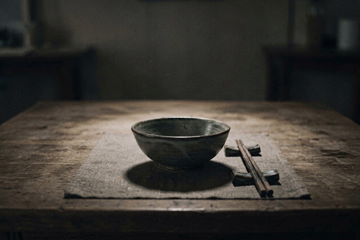 A table laid for one, with a second bowl and chopsticks set at the empty place (AI-generated illustration)
