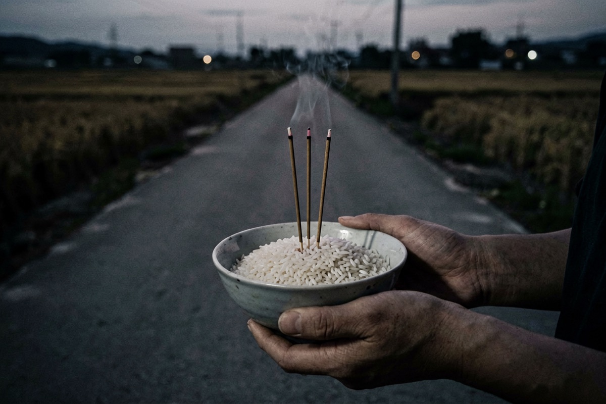 A bowl of rice with three burning incense sticks, carried along a dark country road (AI-generated illustration)
