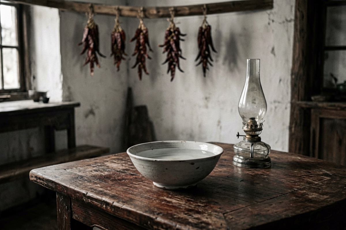 A bowl of water on a table beside an oil lamp in a dark farmhouse room (AI-generated illustration)