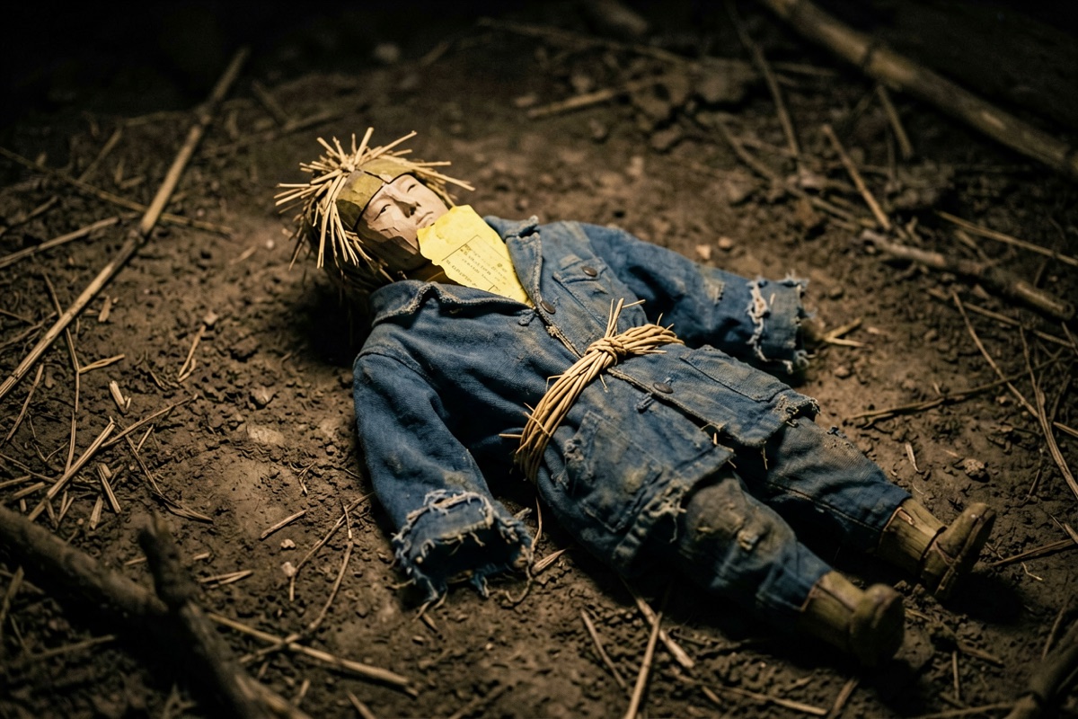 A small straw figure dressed in a child's worn blue jacket, lying on packed earth (AI-generated illustration)