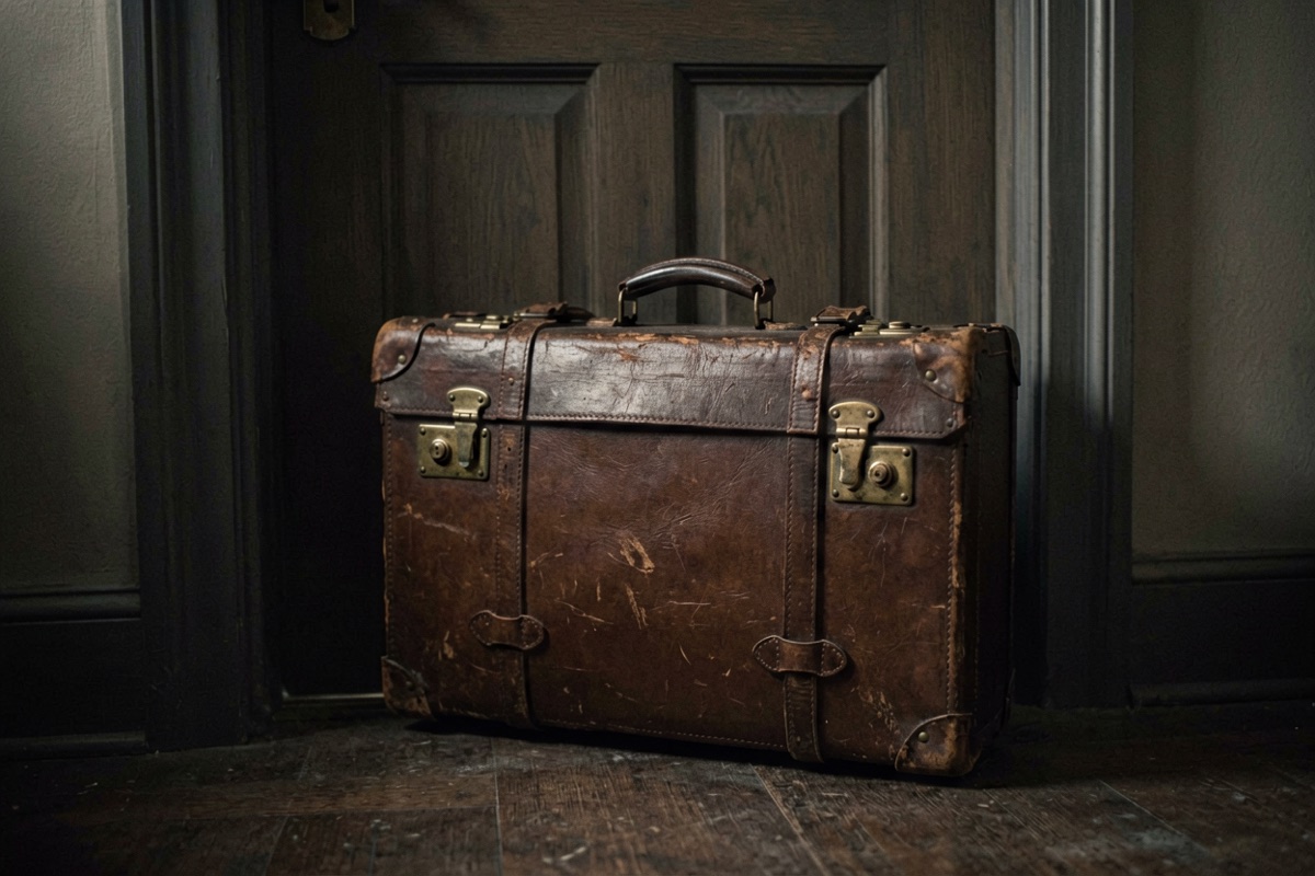 An old hard-shell suitcase with brass catches standing by a door (AI-generated illustration)