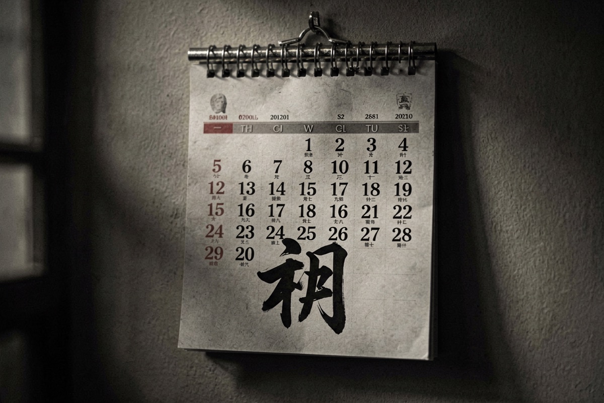 A tear-off Chinese wall calendar with a single large character beneath the date (AI-generated illustration)