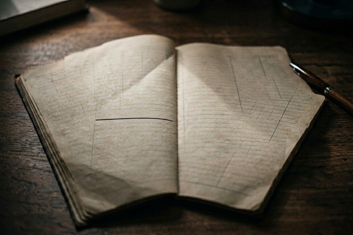 A ruled registry ledger open on a desk with one line left blank (AI-generated illustration)