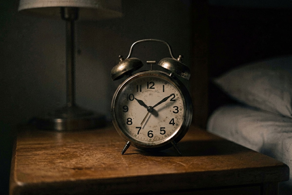 An old wind-up alarm clock on a bedside table in the dark (AI-generated illustration)