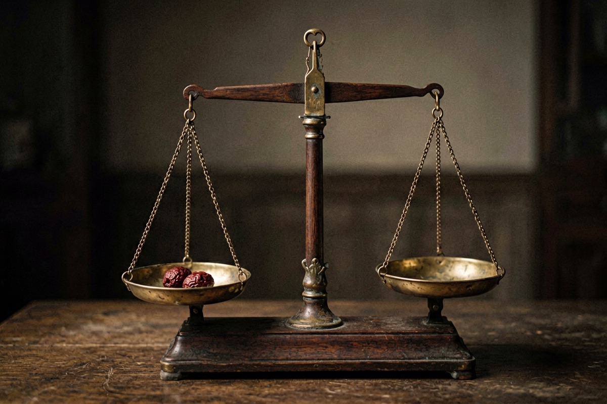 An old steelyard balance with a brass pan and a jujube-wood beam (AI-generated illustration)