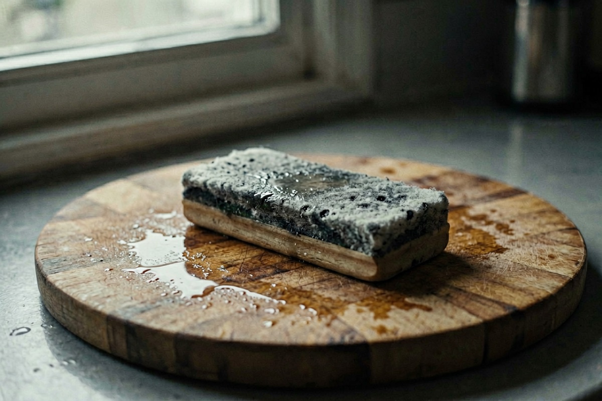 A wet sharpening stone on a scarred wooden chopping board in kitchen light (AI-generated illustration)