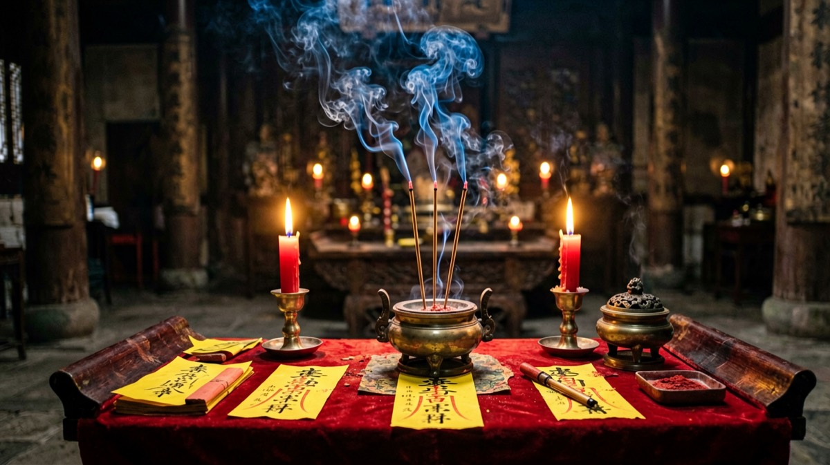 Taoist blessing altar with incense, red candles and yellow paper talismans